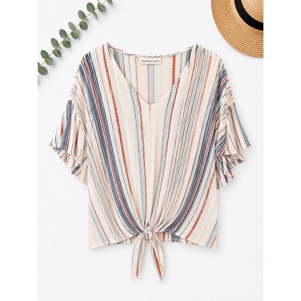 John Paul Richard Womens Large Striped Tie Front V-Neck Rayon Blouse Multi-Color
